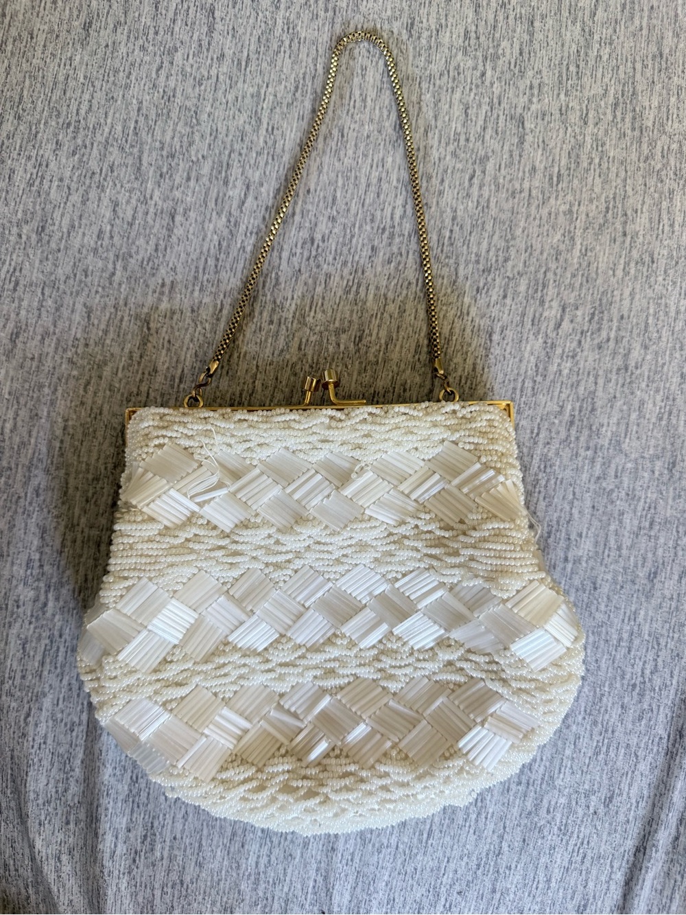 Vintage Ivory/White Beaded Woven Evening Bag